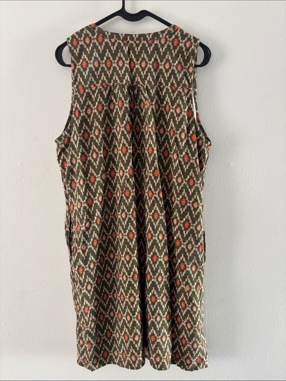 Sonoma Olive Ikat-Print Sleeveless Shift Dress with Orange Accents-Linen Blend- - Picture 2 of 6